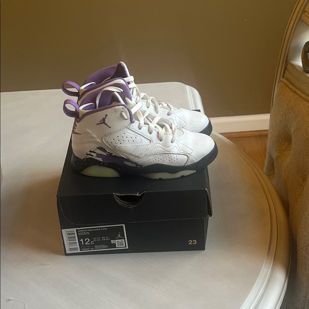 Jordan Kids White and Purple High-Top Sneakers